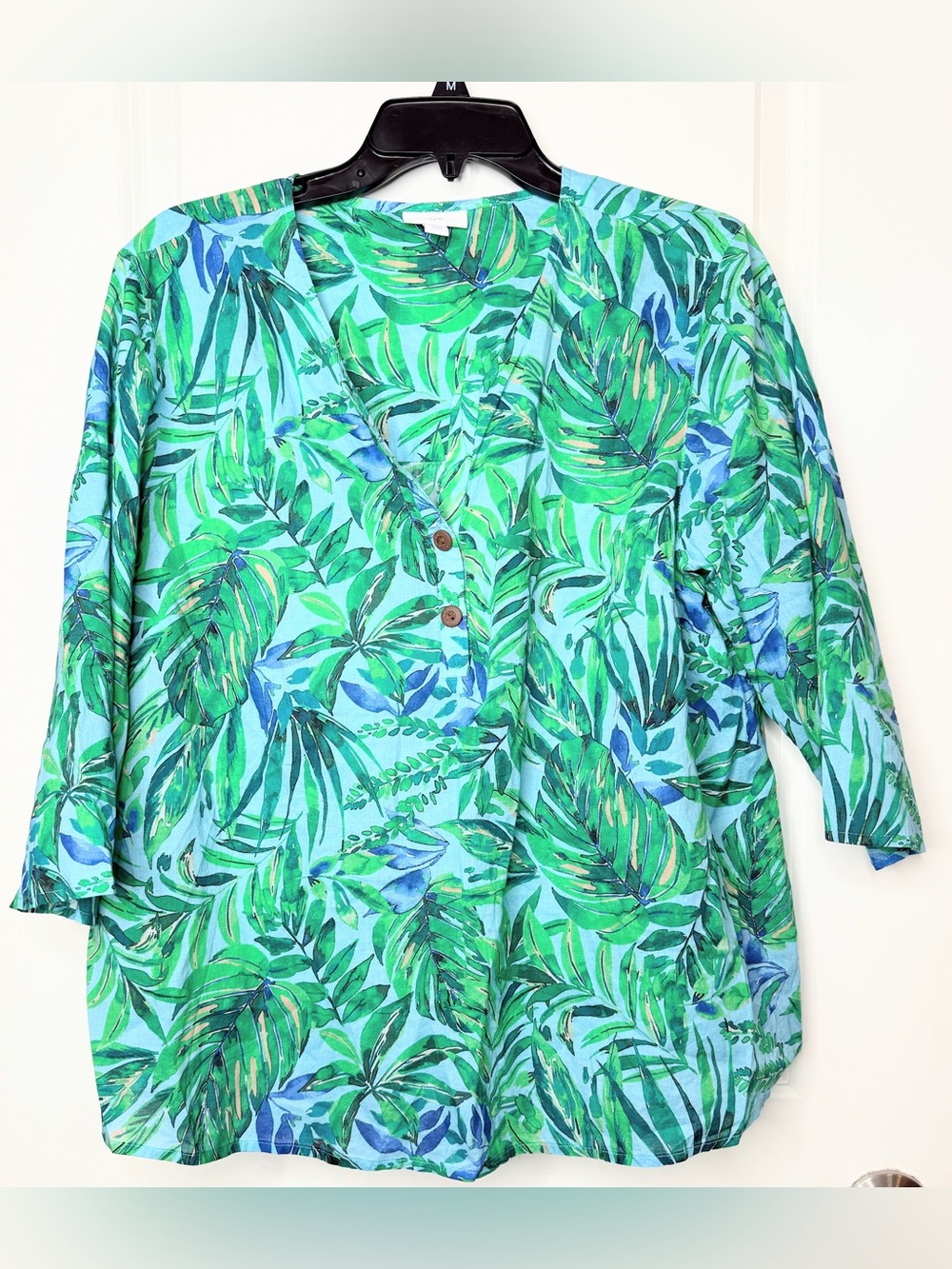 J Jill XL Petite Tropical Floral Cotton Tunic Top Green Blue 3/4 Sleeve
